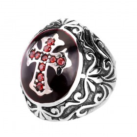 Bague Chevalière Homme Rouge Croix Latine templier Acier bobijoo