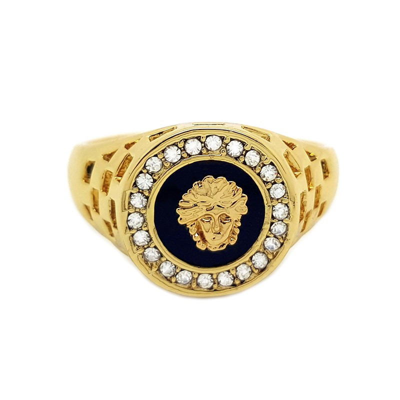 BA0013 BOBIJOO Jewelry Signet Ring, Gold Style Medusa Crystal Ring Gold Black Black Mixed