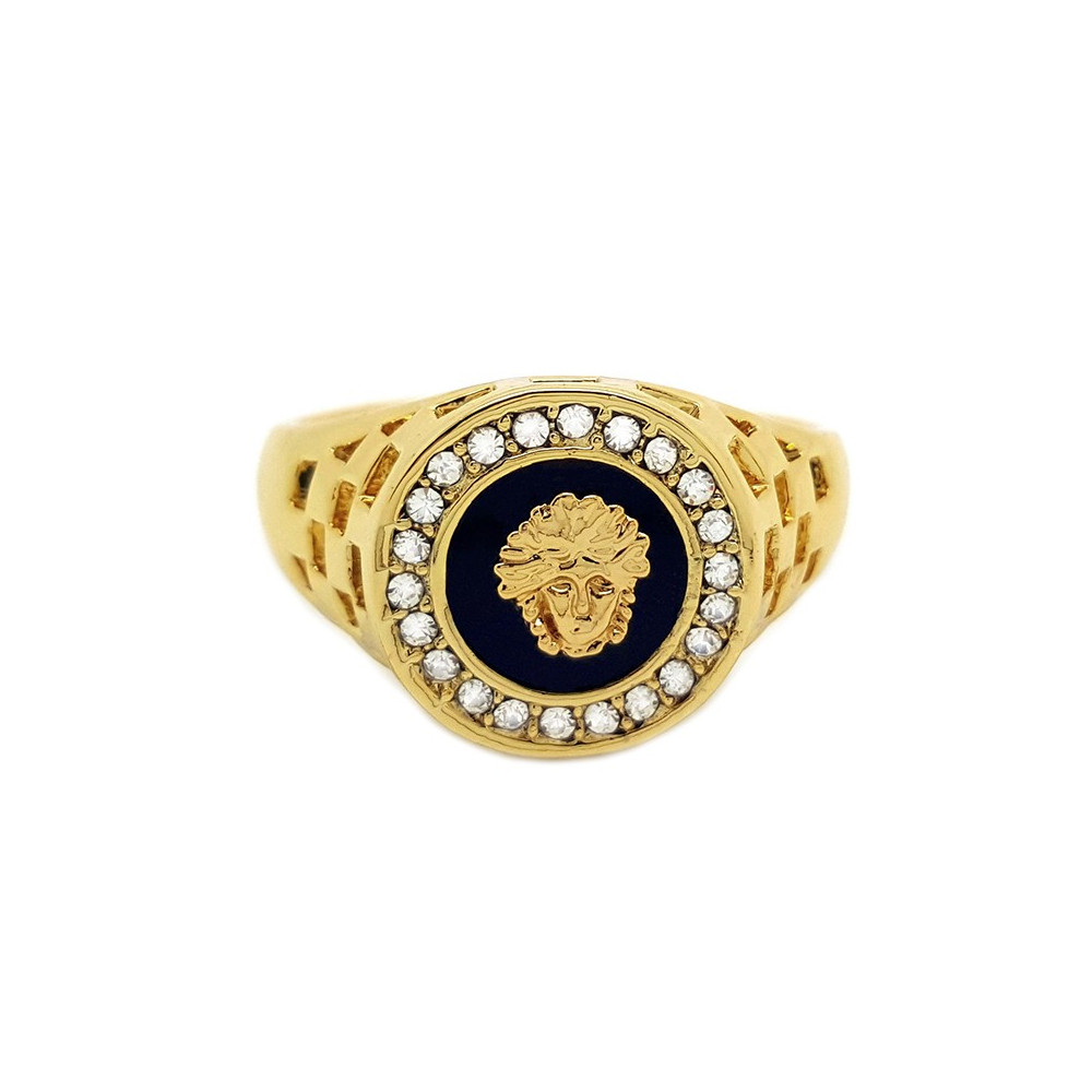 BA0013 BOBIJOO Jewelry Siegelring Ring Vergoldet mit echtgold-Stil Medusa Kristall-Ring Gold Black Schwarz Gemischt