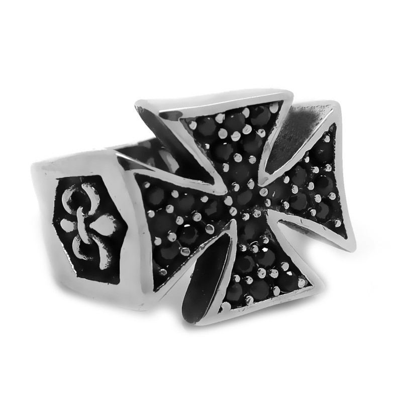 Chevalière Bague Croix Pattée Strass Noir Fleur de Lys bobijoo