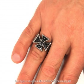 BA0221 BOBIJOO Jewelry  Anello con sigillo della Croce Pattee Strass Nero Fleur-de-Lys