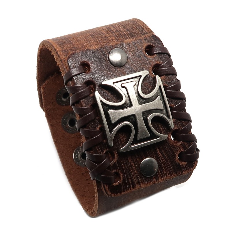 BOBIJOO Jewelry Bracelet Man Brown Leather Knight Templar Cross 19,90