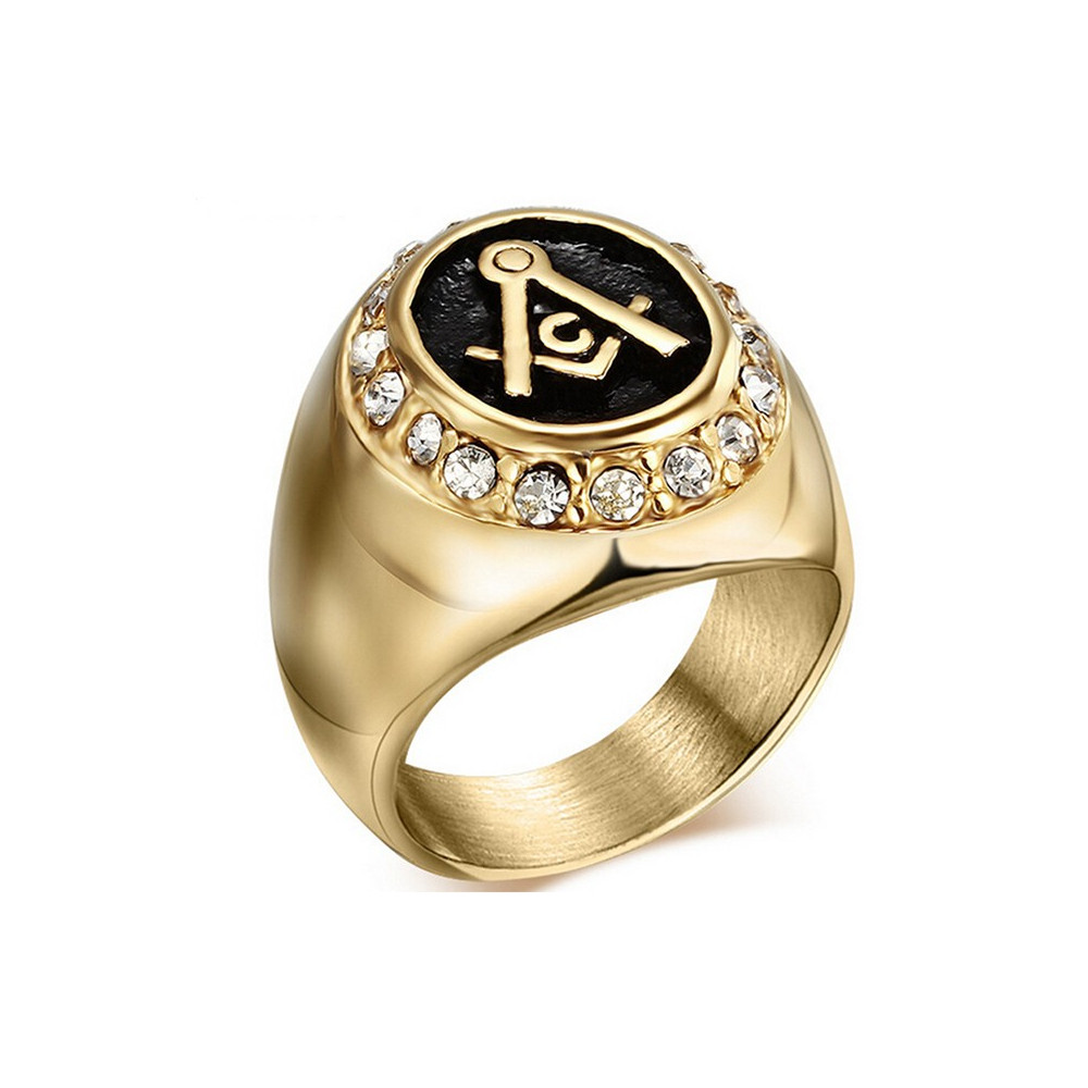 BA0009 BOBIJOO Jewelry Anello Uomo anello in Acciaio 316L placcato Oro finitura Strass Franco Mason Muratura Anello Massonico