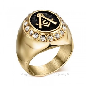 Bague Homme Chevalière Acier 316L Doré à l'Or Fin Strass Franc Maçon Maçonnerie Masonic Ring  bobijoo