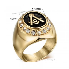 Bague Homme Chevalière Acier 316L Doré à l'Or Fin Strass Franc Maçon Maçonnerie Masonic Ring  bobijoo