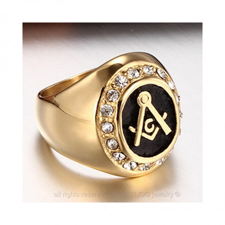 BA0009 BOBIJOO Jewelry Ring Man Signet ring Steel 316L Gold-plated finish Rhinestone Franc Mason Masonry Masonic Ring