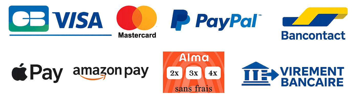 Moyens de paiement sécurisés : CB, Visa, Mastercard, PayPal, Apple Pay, Amazon Pay, Alma, Bancontact, Virement bancaire